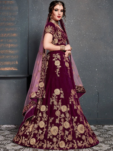 Purple Embroidered Velvet Wedding Lehenga Choli
